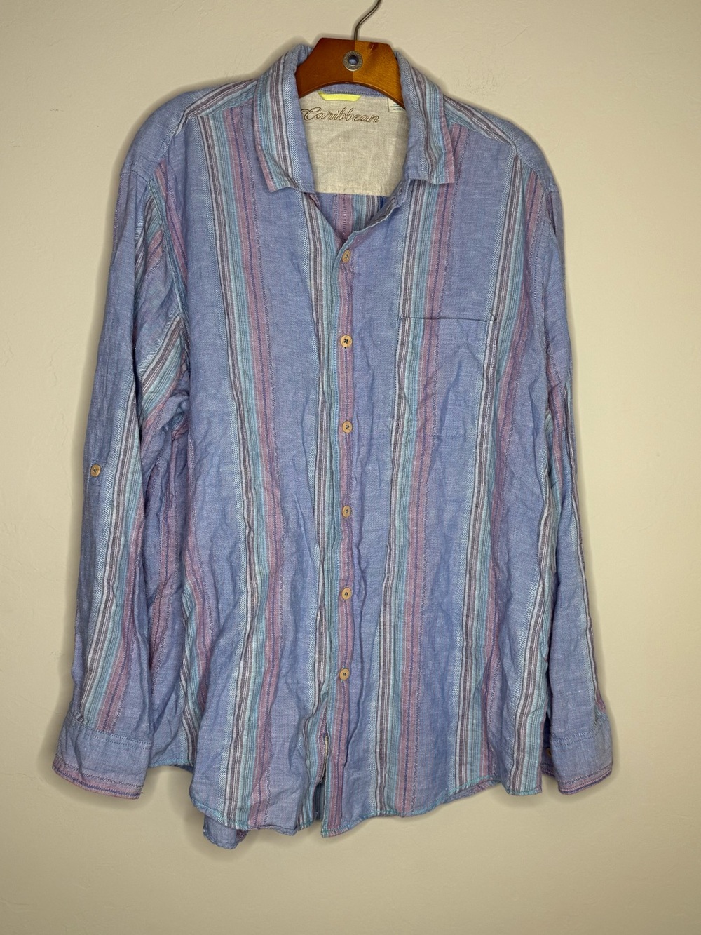 Caribbean button up men’s shirt XL striped long sleeve linen cotton